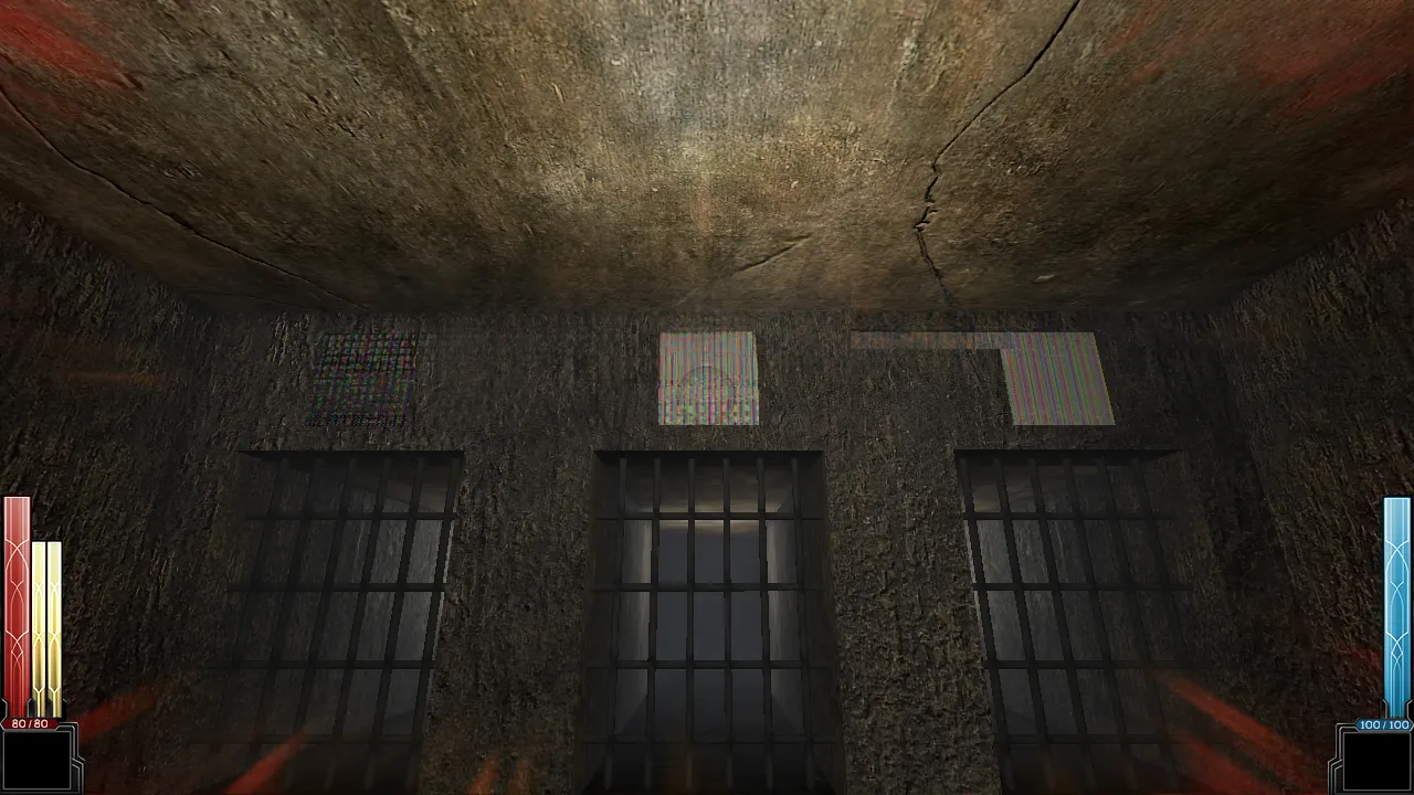 Salle voûtée bordée de cellules à grilles
