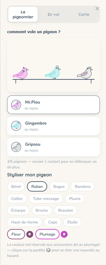 Panneau de personnalisation du pigeon : accessoires et plumage