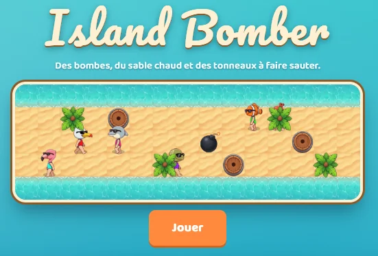Écran d'accueil d'Island Bomber : personnages de plage et tonneaux, bouton Jouer