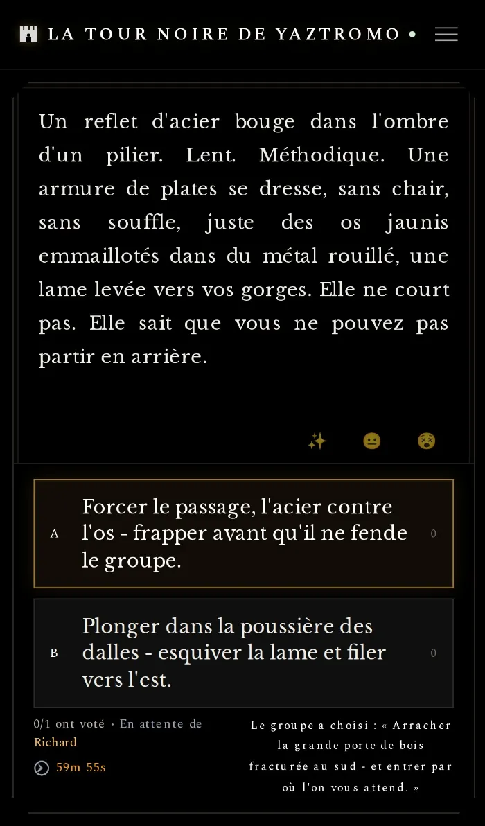 Écran de choix face à une armure animée
